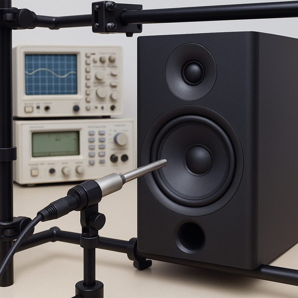A photo of a calibration microphone suspended in front of a bookshelf speaker, for measurement