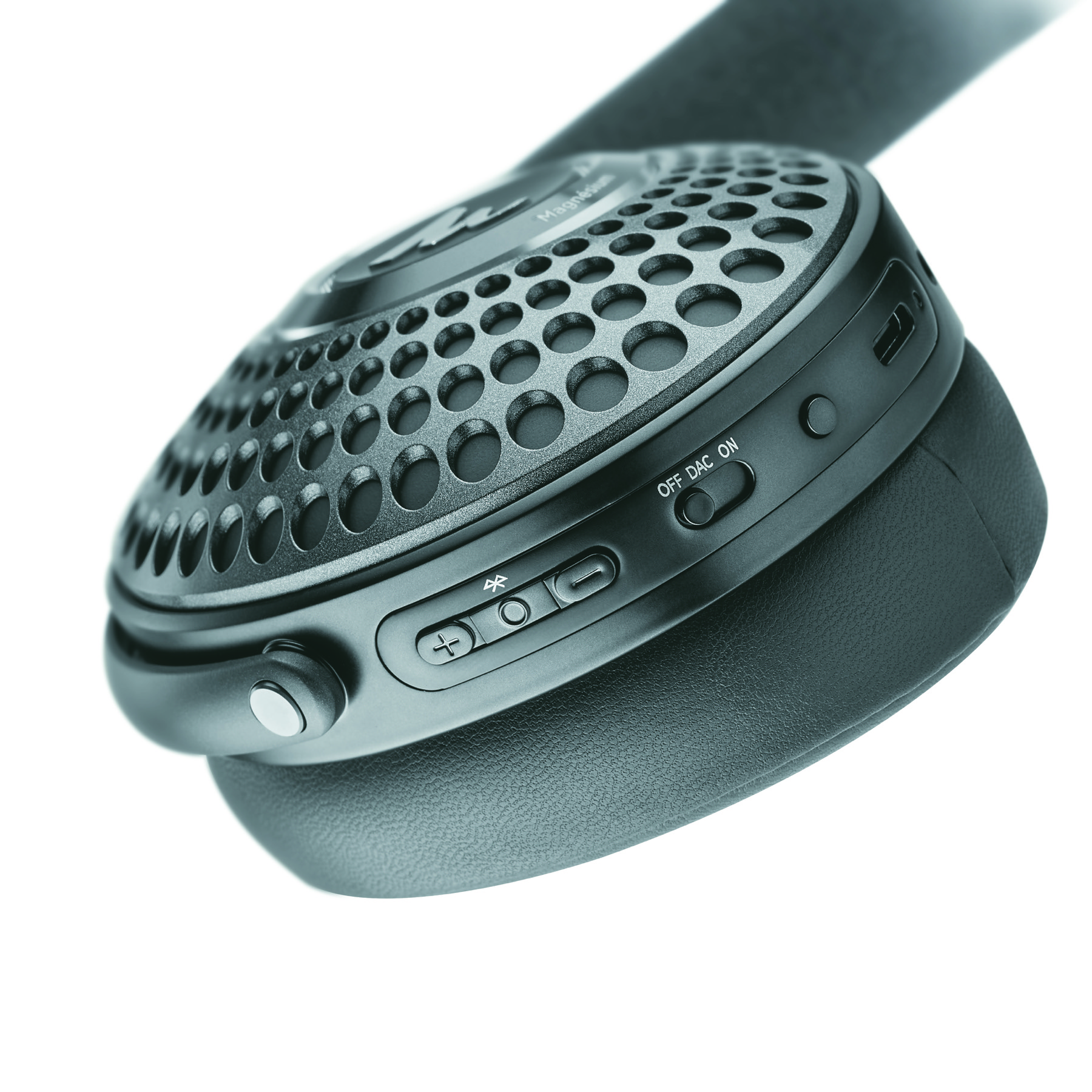 Close-up of Focal Bathys MG Graphen Grey earcup controls and USB-DAC switch