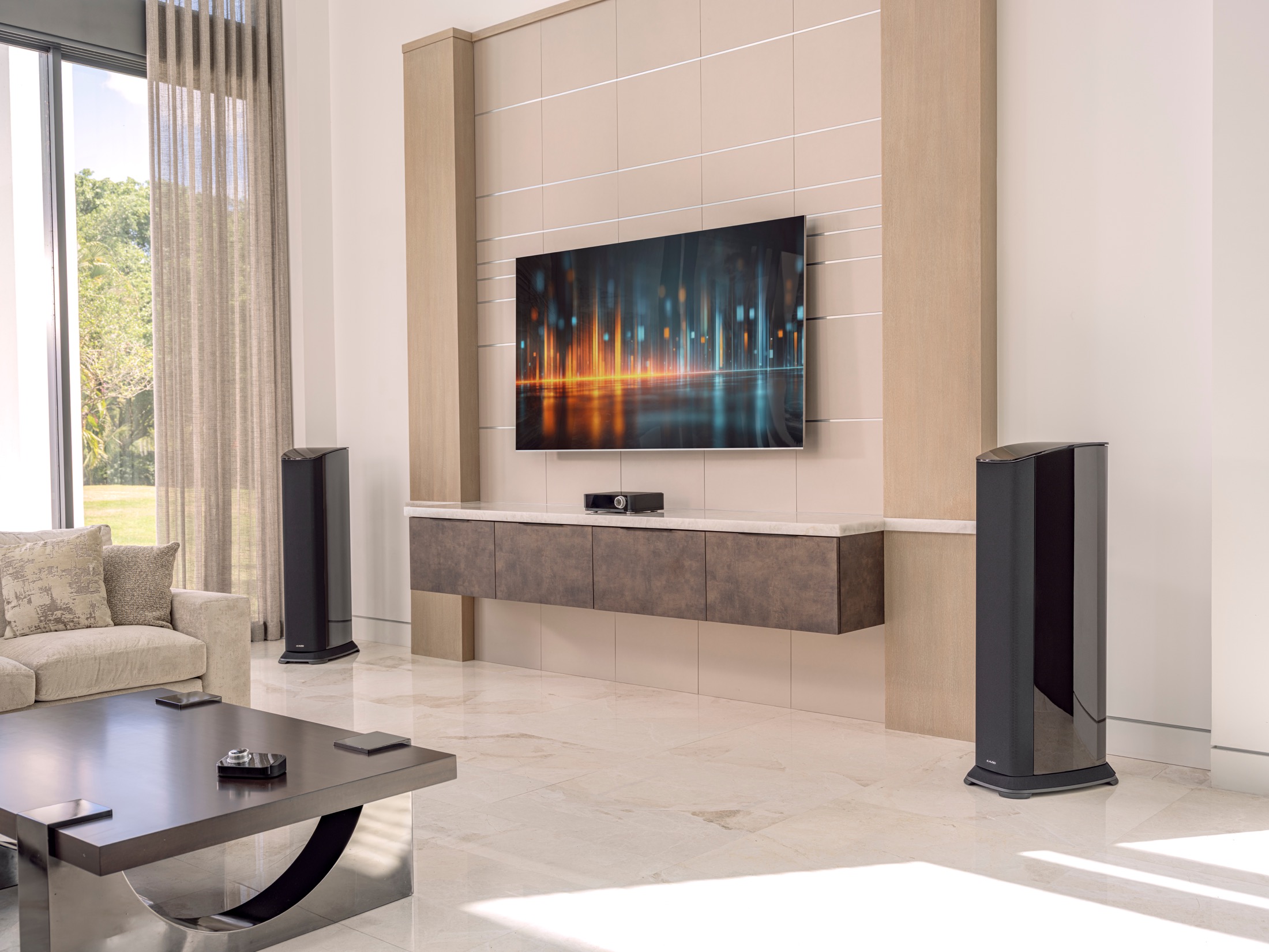 JL Audio Primacy T6 towers and Centerpiece hub in a TV room