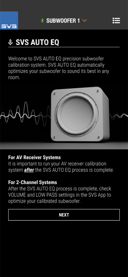 SVS Auto EQ welcome screen in the SVS Subwoofer Control App