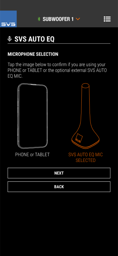 SVS Auto EQ microphone selection screen with external mic selected