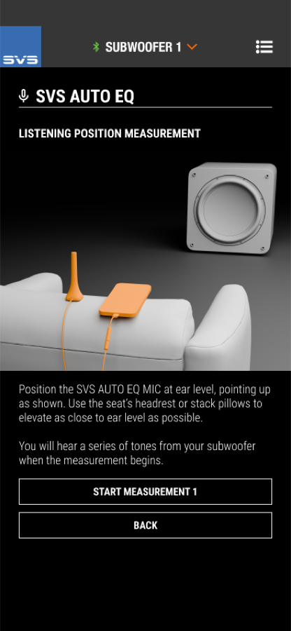 SVS Auto EQ listening position measurement screen showing mic at ear level
