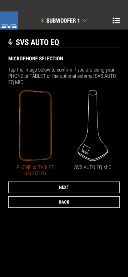SVS Auto EQ microphone selection screen with phone or tablet selected