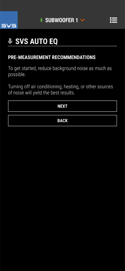 SVS Auto EQ pre-measurement recommendation screen