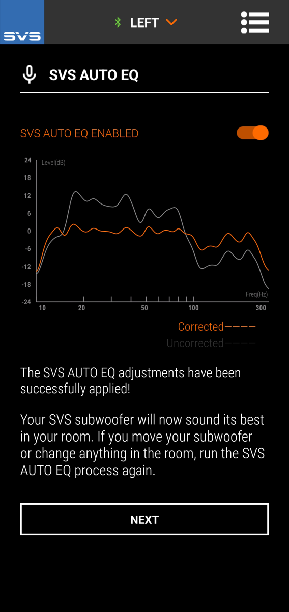 SVS Auto EQ result screen showing corrected and uncorrected response curves