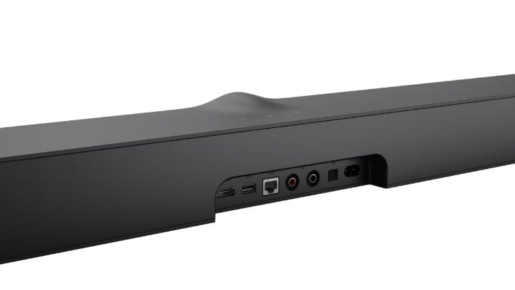 Rear view of WiiM Bar showing HDMI eARC, optical, line input, USB, Ethernet, and power connections