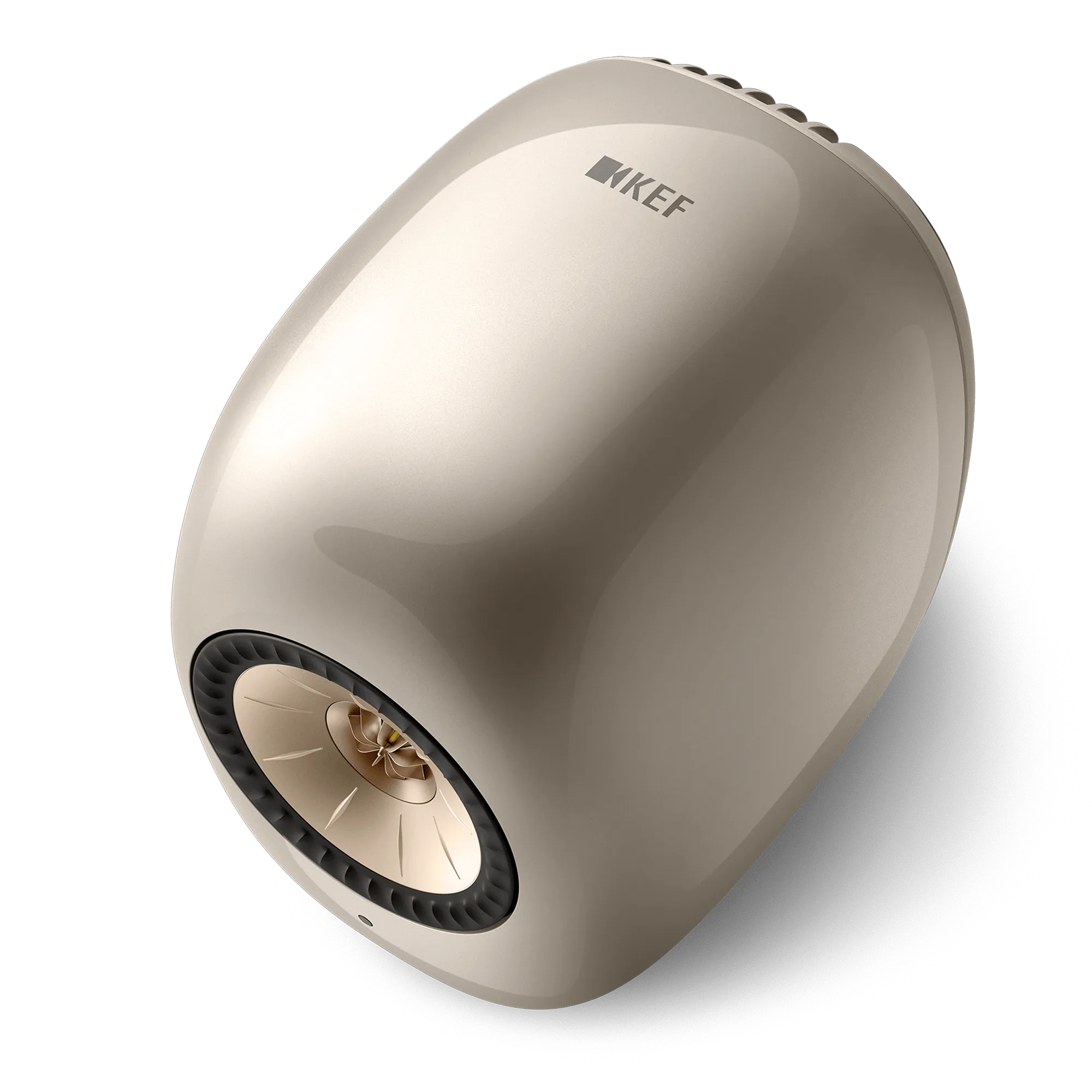 Top angled view of a Dusk Titanium KEF LS LUXE wireless speaker showing its curved cabinet and Uni-Q driver.