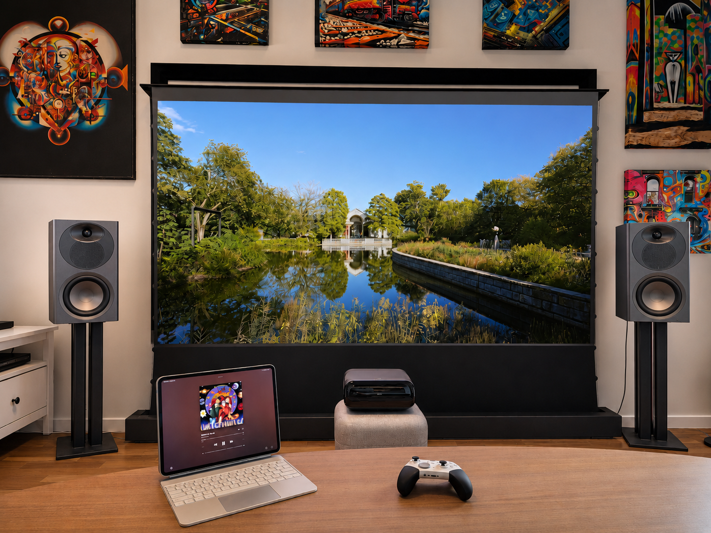 Pair of Arendal Sound 1610 Bookshelf 8 speakers flanking a projection screen in the review system