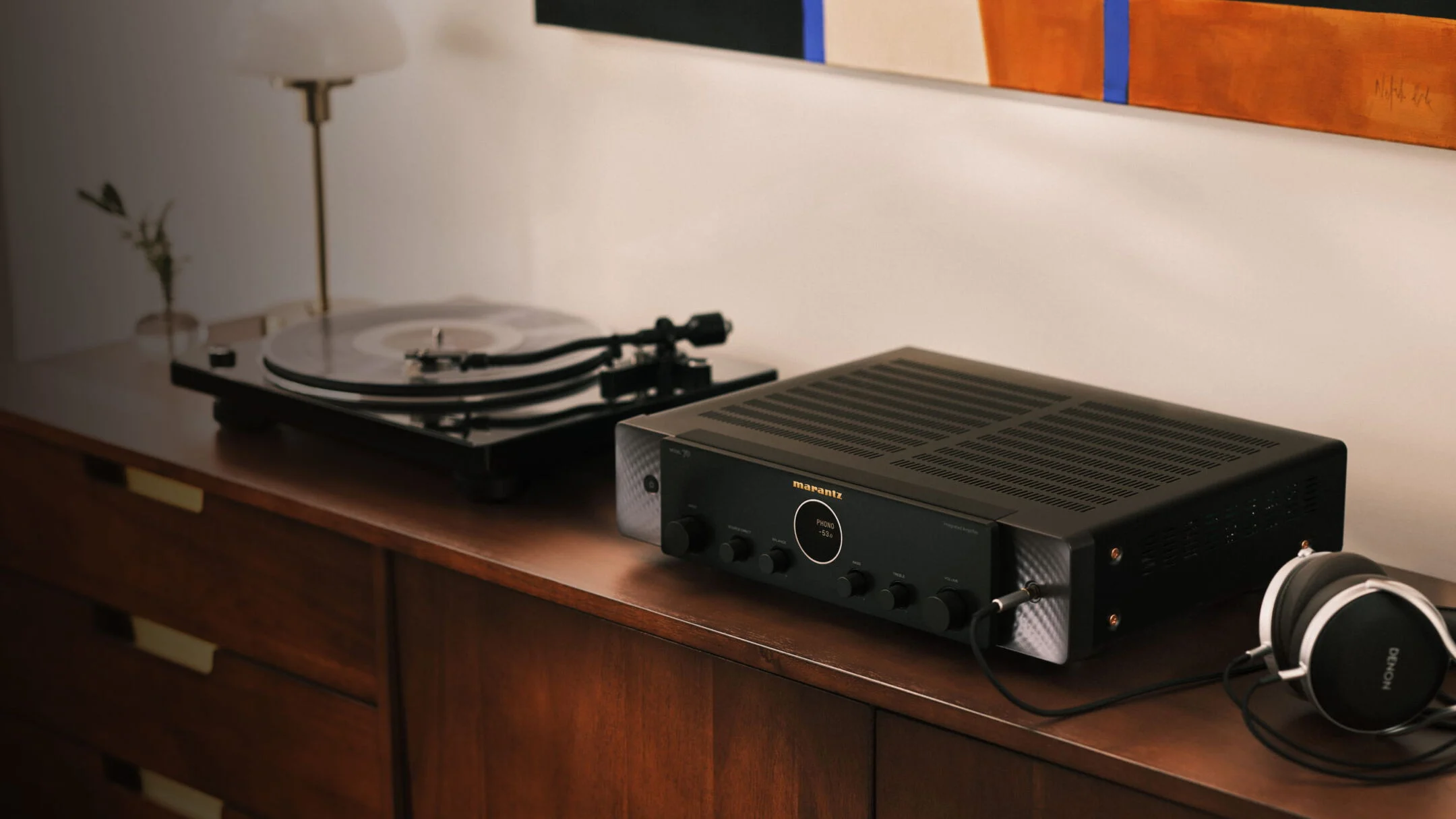 Marantz MODEL 70 integrated amplifier with a turntable and headphones