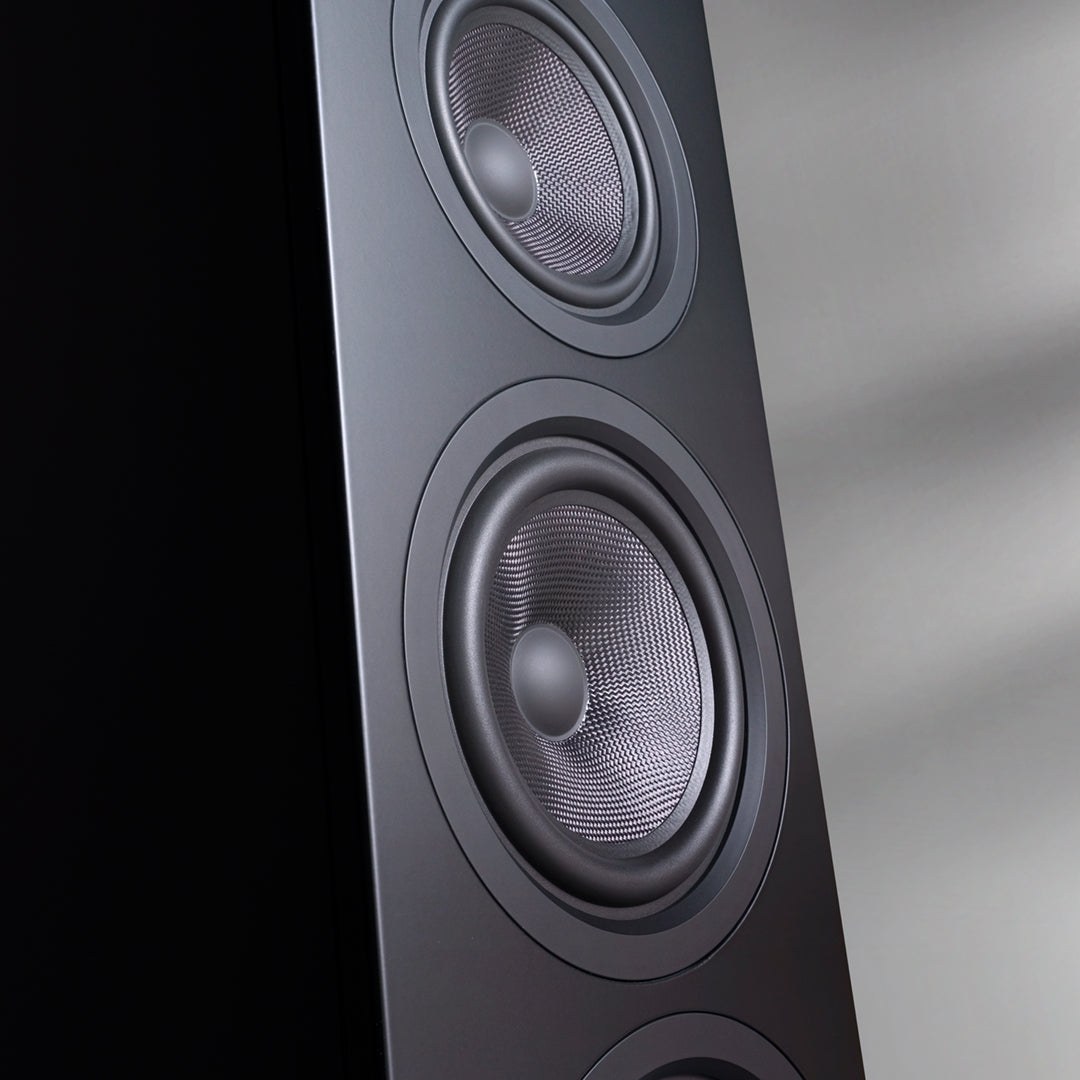 Close-up of the woven-Kevlar drivers on a QUAD ELEGAN 2 loudspeaker