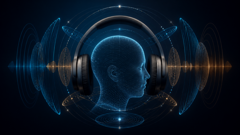 Abstract visualization of a human head wearing generic headphones, surrounded by blue and amber spatial-audio waveforms.