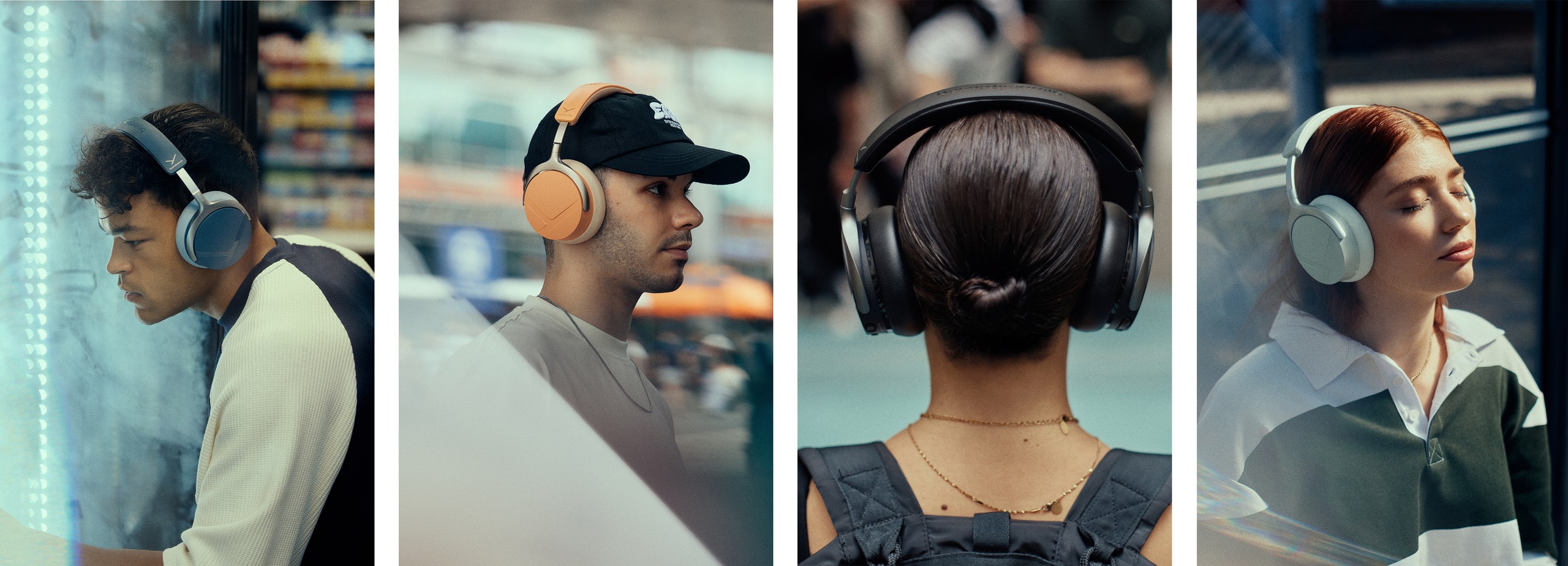 Four listeners wearing Beyerdynamic AVENTHO Y headphones in different colors