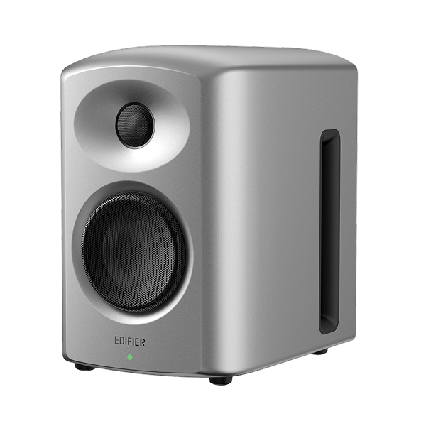 Silver Edifier XR6 studio monitor shown from the front and right side, with two front grilles and a side opening.