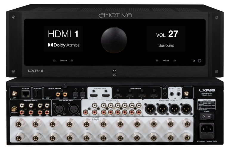 Front and rear views of the black Emotiva LXR-11 AV receiver.