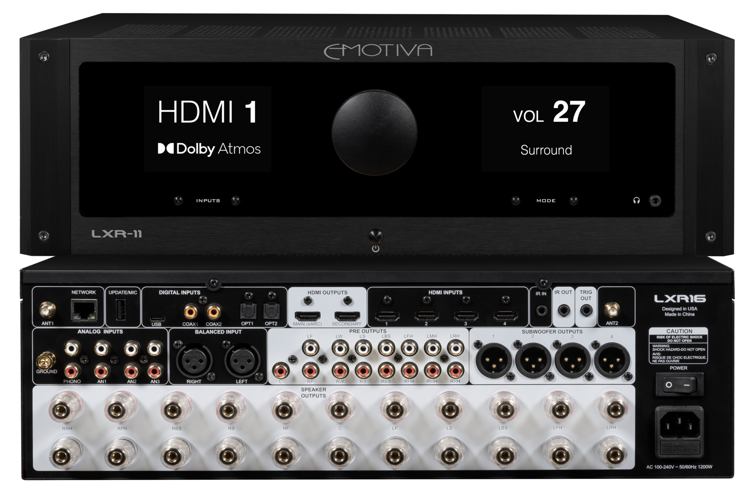 Front and rear views of the black Emotiva LXR-11 AV receiver.
