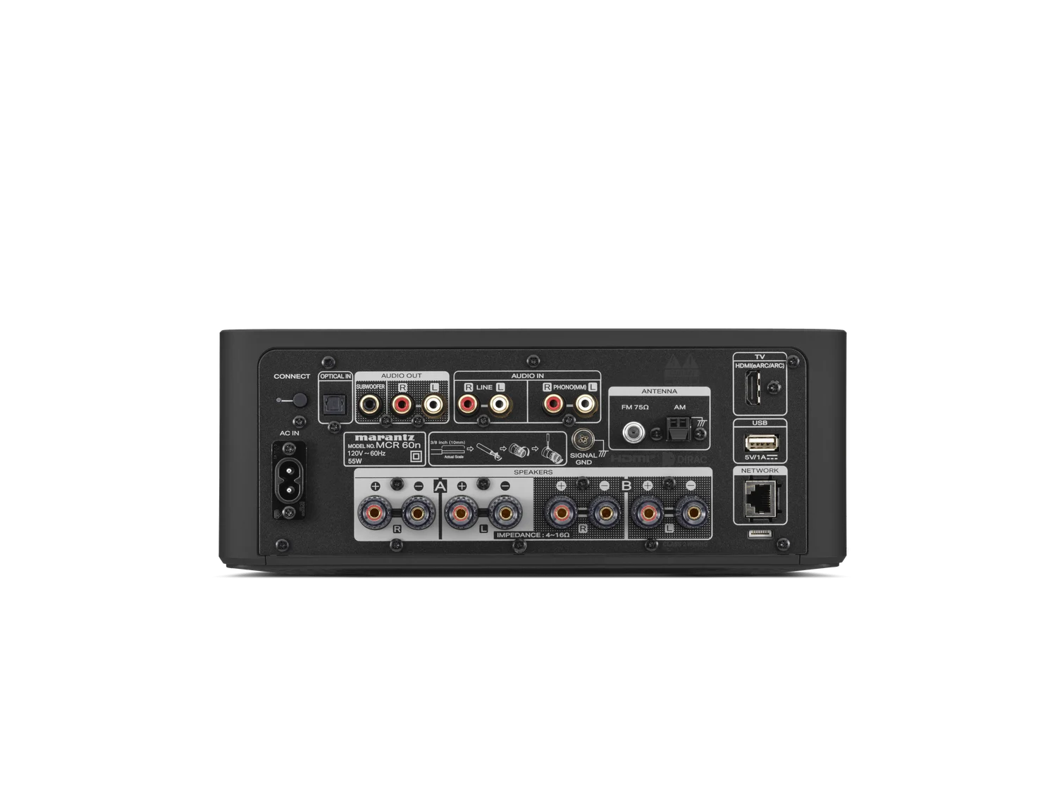 Marantz MCR 60n rear panel with HDMI eARC, MM phono, optical and line inputs, subwoofer output, Ethernet, USB, and A/B speaker terminals
