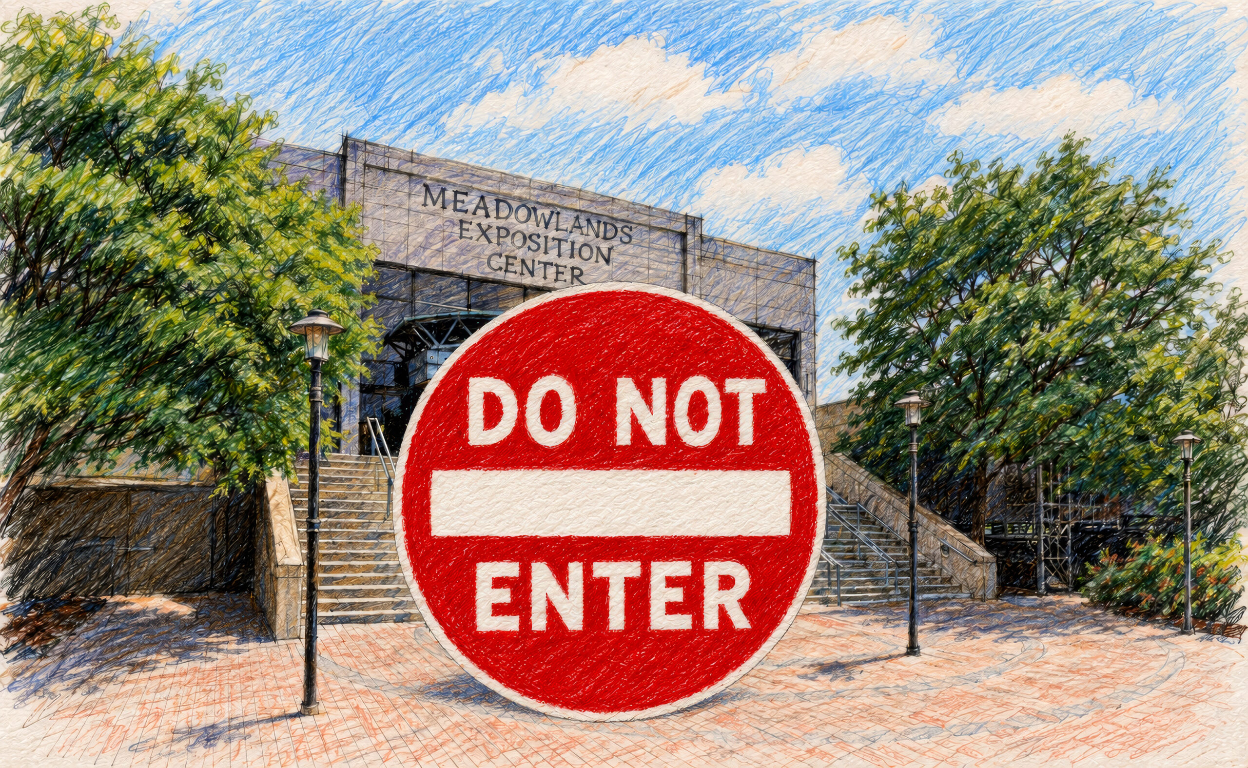 Illustration of the Meadowlands Exposition Center behind a large red Do Not Enter sign.