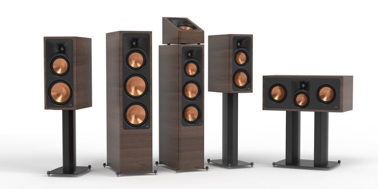 Klipsch Reference Signature speaker family in Walnut with grilles removed