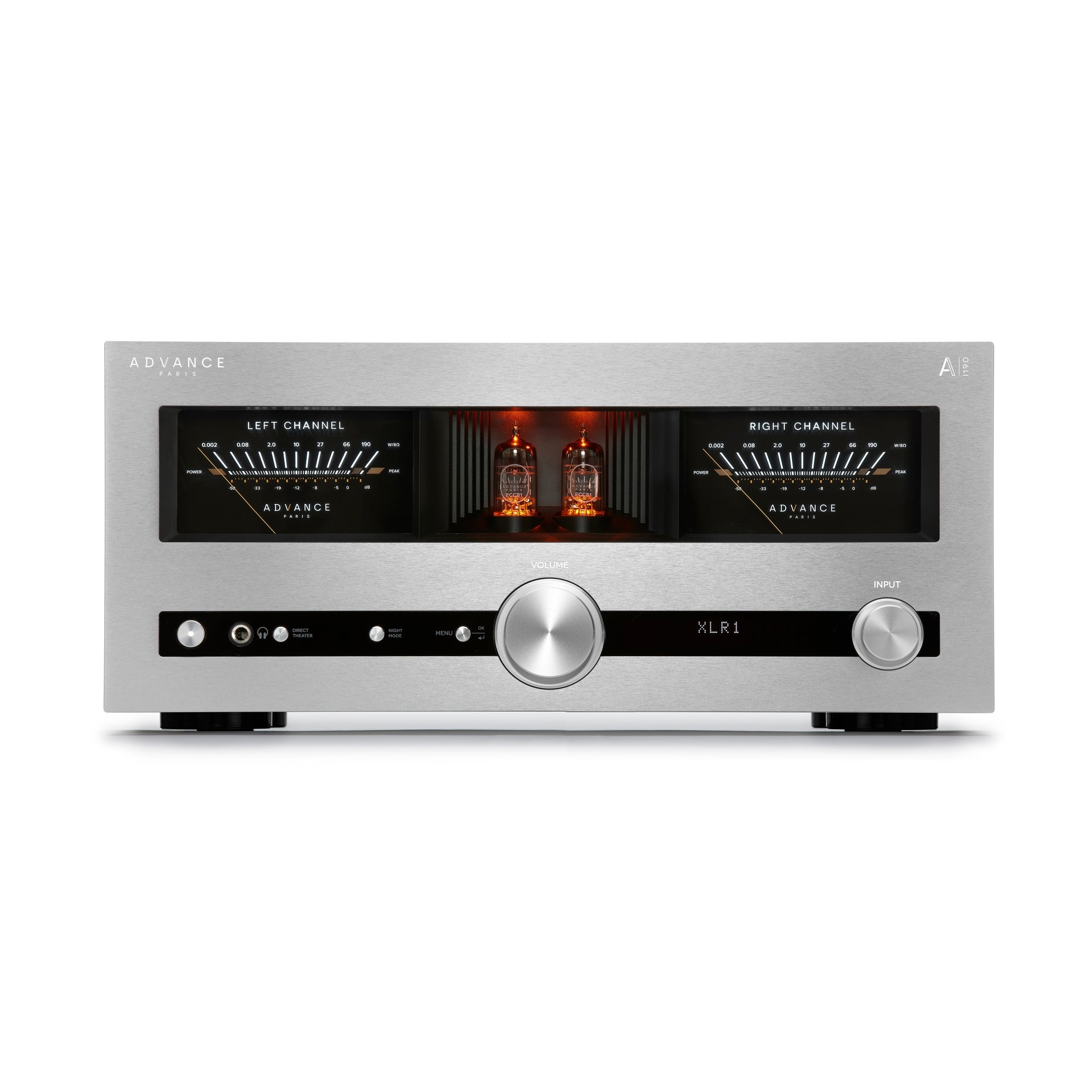 Advance Paris A-i190 Nova Hybrid Integrated Amplifier Front Panel with Dual VU Meters and ECC81 Tubes