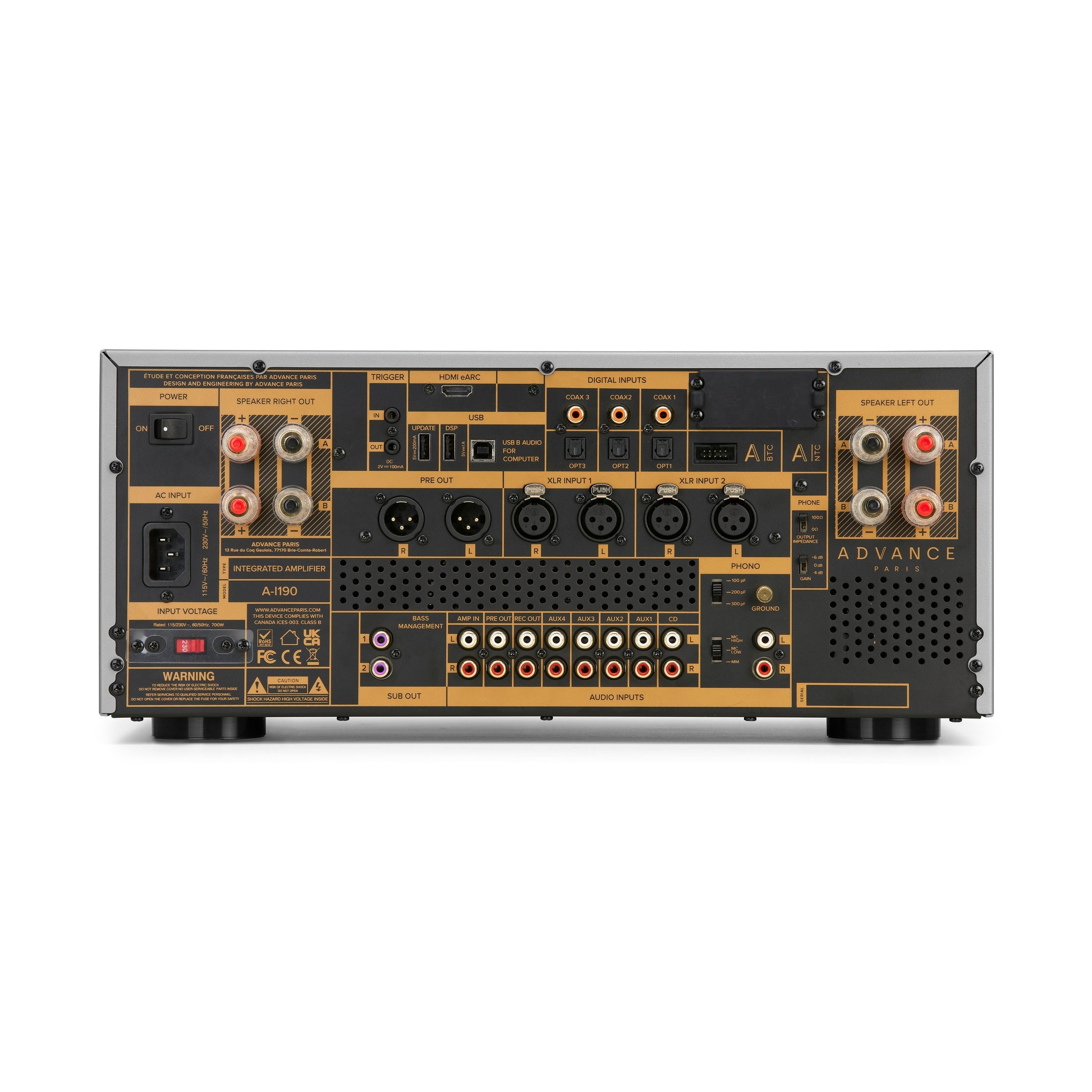 Advance Paris A-i190 Nova — Full Rear Panel Showing XLR, RCA, MM/MC Phono, HDMI eARC, USB, Optical/Coax, Sub Out & Dual Speaker Binding Posts