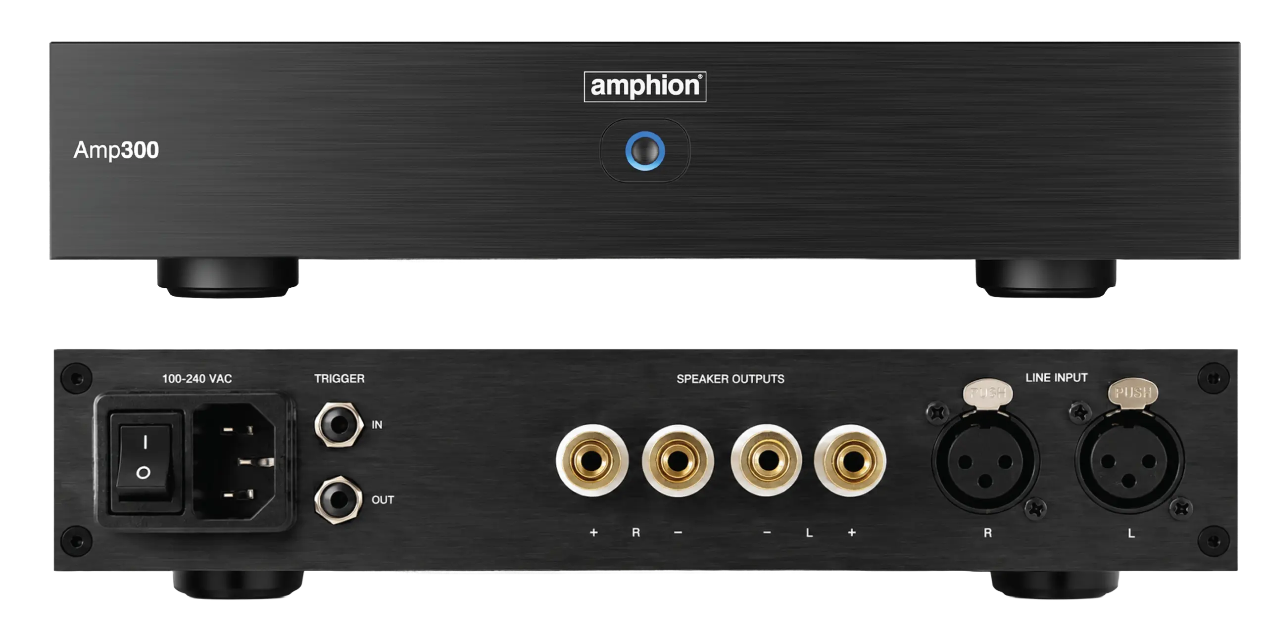 Amphion Amp300 Stereo Power Amplifier — Front Faceplate & Rear Panel Showing Balanced XLR Inputs, Trigger I/O & Speaker Binding Posts