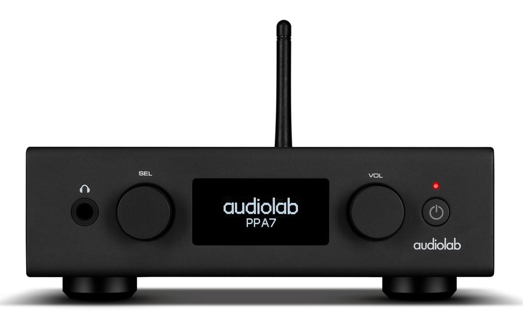 Front view of the black Audiolab PPA7 phono preamplifier showing the 6.35mm headphone jack, SEL and VOL rotary knobs, and central OLED display