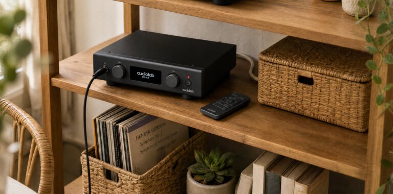 Audiolab PPA7 standalone MM/MC phono preamplifier positioned next to a turntable in a home hi-fi system