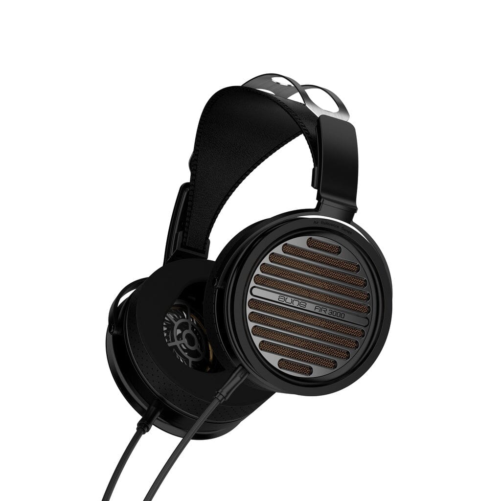 Official studio press photo of the Aune Audio AR3000 open-back over-ear headphones showing the perforated silver-and-black earcup grilles and suspension headband