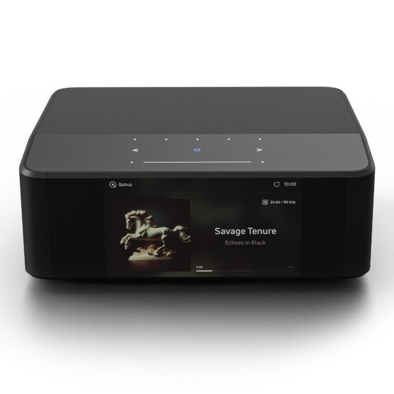 Front and top angle view of the Bluesound NODE ICON network music streamer showing its full-color front display