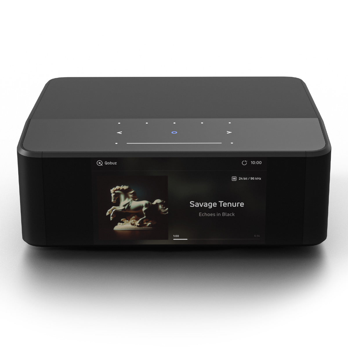 Front and top angle view of the Bluesound NODE ICON network music streamer showing its full-color front display