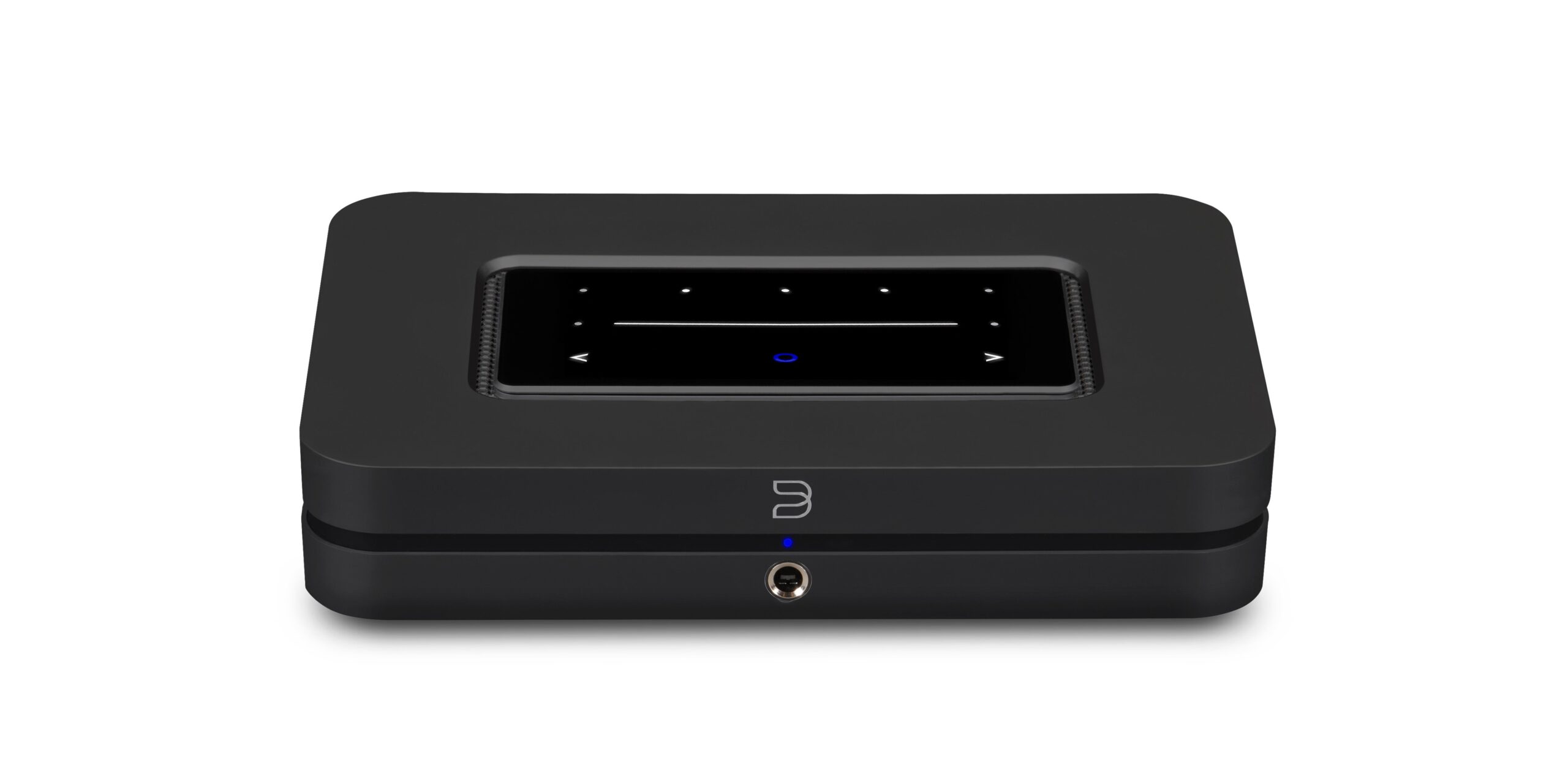 Top-front view of the matte black Bluesound NODE N132 wireless hi-res music streamer showing illuminated touch controls