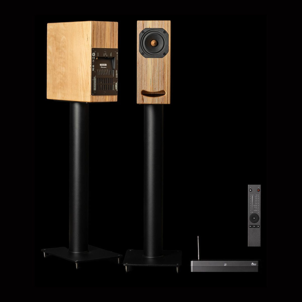 Closer Acoustics OGY Active — Front and Rear Views with Platin Stereo Hub HT and Remote Control