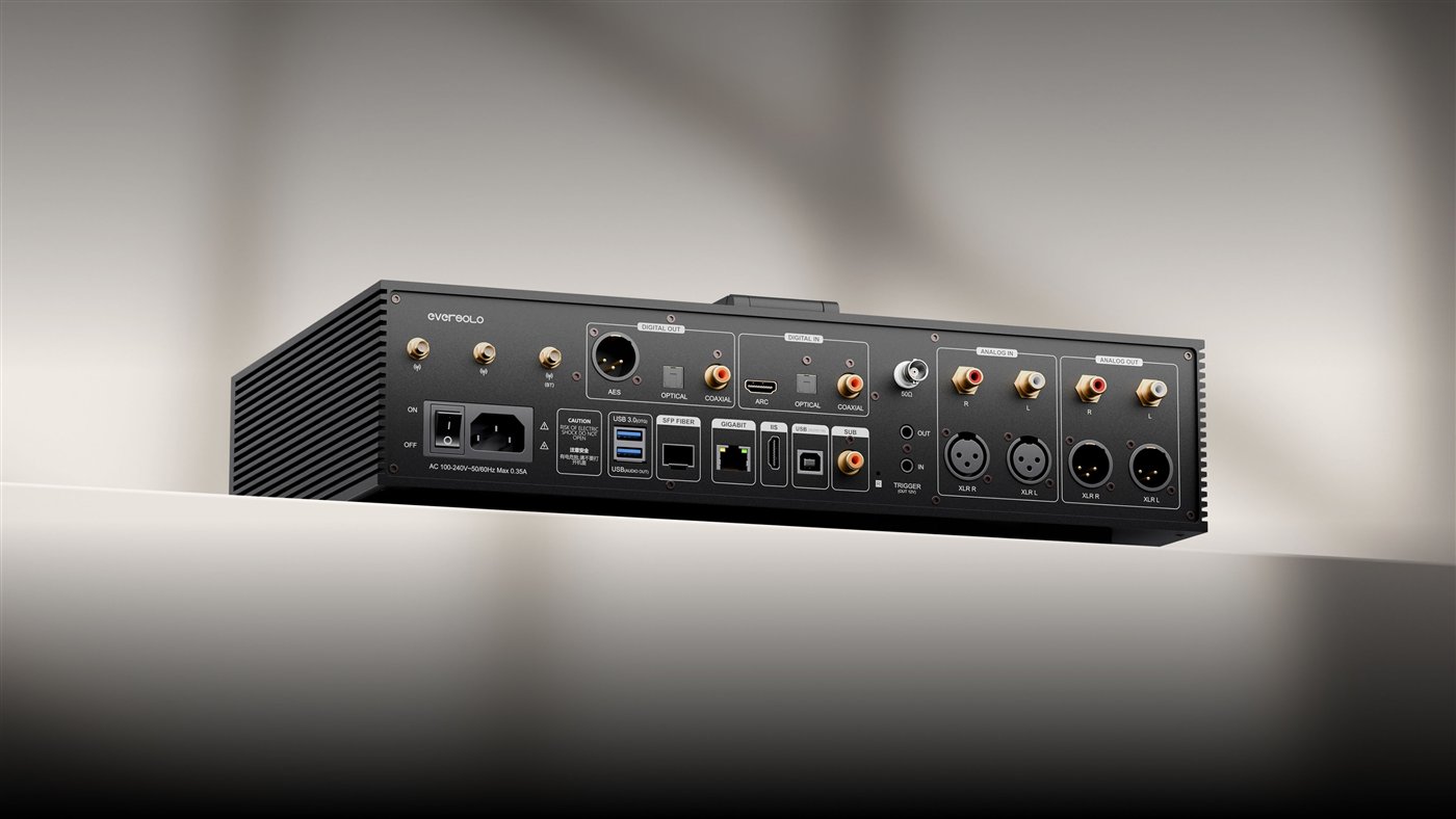 Rear panel of the Eversolo DMP-A8 Master Gen 2 showing balanced XLR and RCA inputs and outputs, subwoofer output, SFP fiber and RJ45 Ethernet, 10 MHz clock input, HDMI eARC, IIS output, and AES/EBU