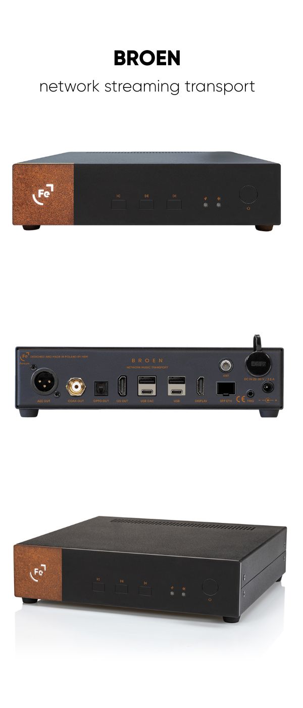 Ferrum Audio BROEN preliminary front, rear and three-quarter views, with an RJ45 Ethernet socket pictured on the rear