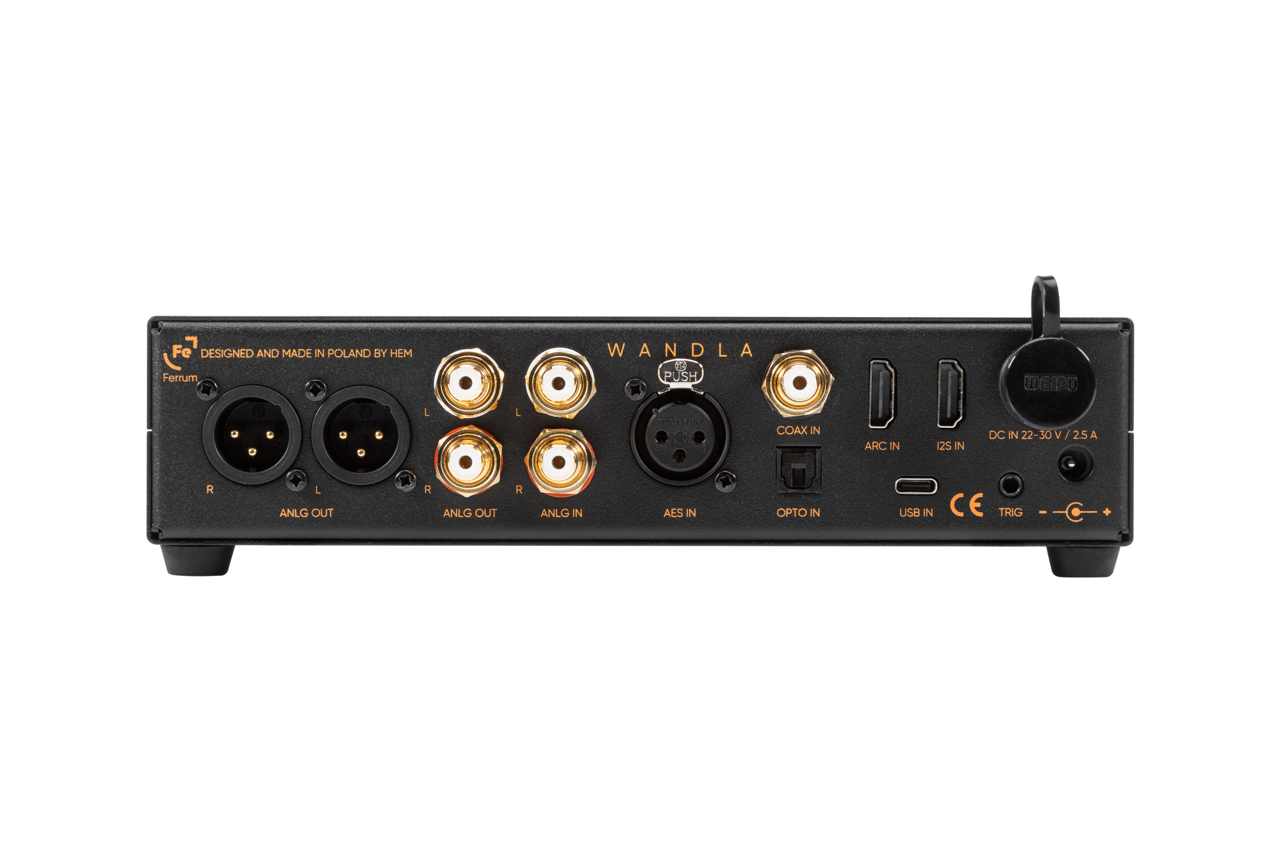 Ferrum Audio WANDLA — Rear Panel Showing XLR and RCA Analog Outputs, RCA Analog Input, and Digital Connections