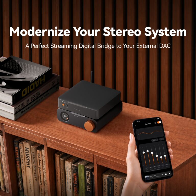 Fosi Audio S3 Lite network streamer and digital transport in a desktop hi-fi system stack