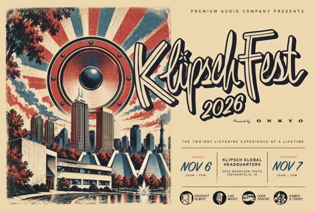 KlipschFest 2026 Powered by Onkyo banner for November 6 and 7 at Klipsch Global Headquarters in Indianapolis.