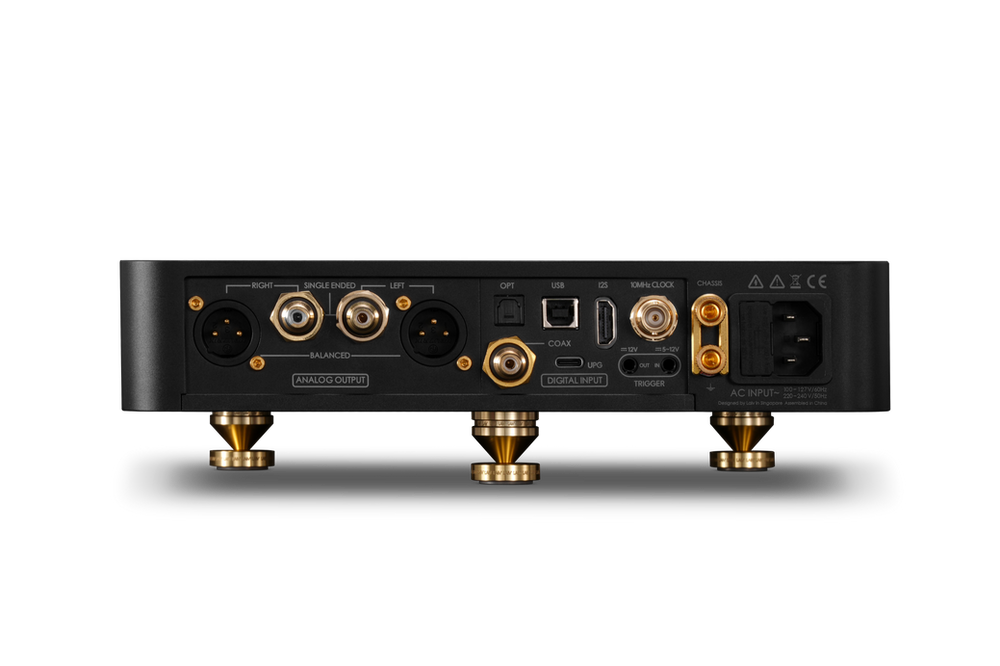 LAiV Audio Harmony DAC 2 — Full Rear Panel Showing Balanced XLR & RCA Outputs, Optical, Coax, USB, I2S, 10 MHz Clock Input & Dual Ground Posts
