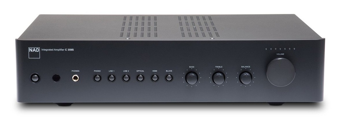 Front panel of the graphite NAD C 359S integrated streaming amplifier showing physical source buttons, headphone jack, and rotary Bass, Treble, Balance, and Volume knobs