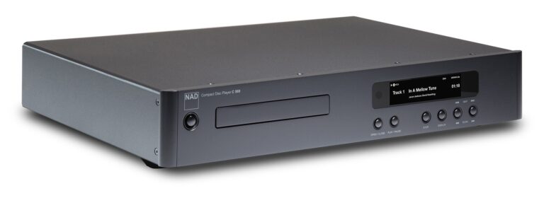 Three-quarter front studio view of the NAD C 569 Compact Disc Player in Classic Graphite finish showing the disc drawer, color display, and transport buttons