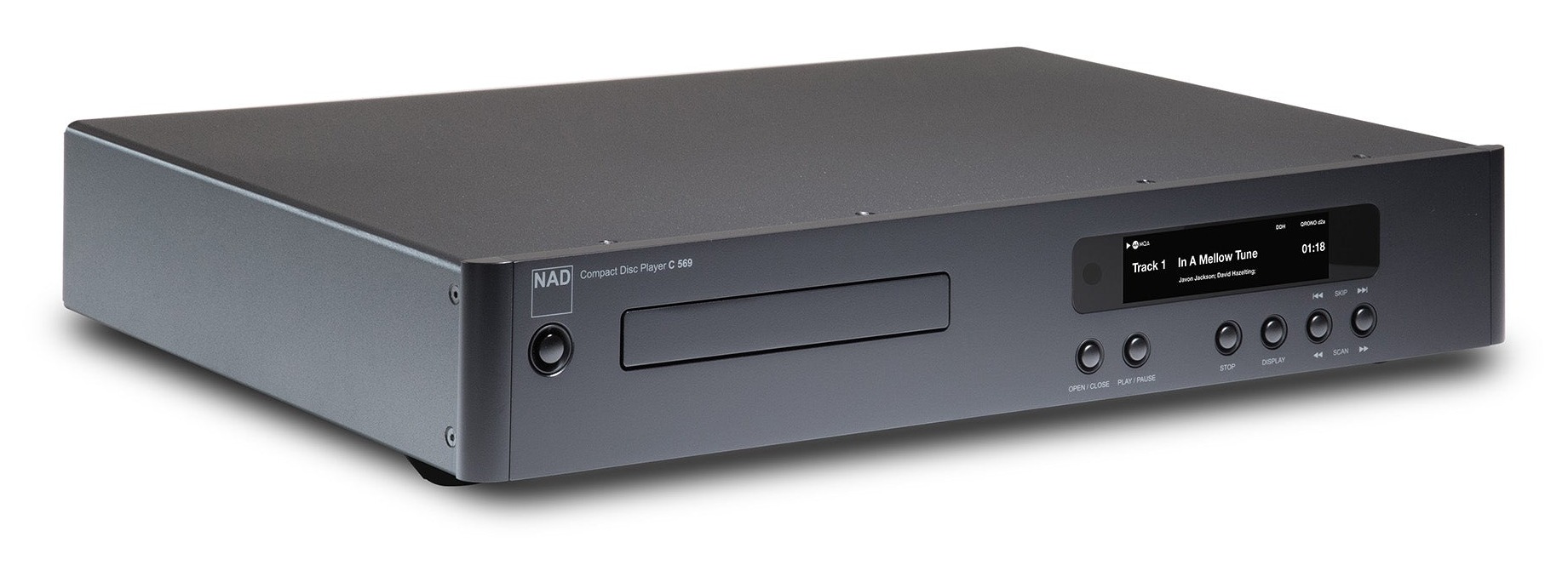 Three-quarter front studio view of the NAD C 569 Compact Disc Player in Classic Graphite finish showing the disc drawer, color display, and transport buttons