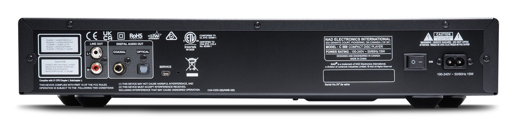Rear panel view of the NAD C 569 CD player showing stereo RCA analog outputs, coaxial and optical digital outputs, service port, and AC power switch and inlet