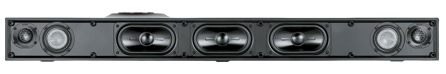 Front cutaway view of the Naim Mu-so Utopia with grille removed showing the three racetrack woofers, two M-profile W-cone midrange drivers, and two Focal PRISM tweeters