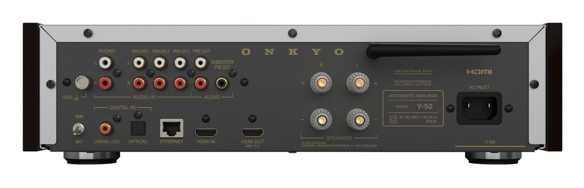 Rear panel of the Onkyo Muse Y-50 80th Anniversary Special Edition showing three RCA line inputs, switchable MM/MC phono stage, coaxial and optical inputs, HDMI In and HDMI ARC Out, pre-outs, and speaker binding posts