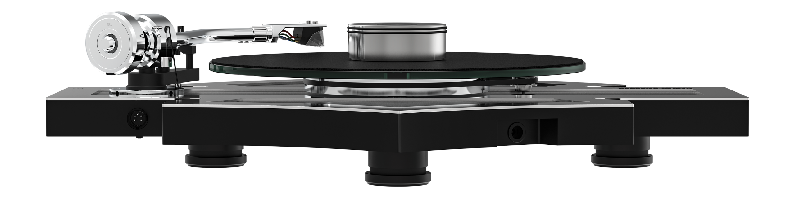 Pro-Ject Harley-Davidson Turntable — Rear/Side Profile Showing 5-Pin DIN Phono Output, DC Power Input, Glass/Aluminum Platter Stack & Tonearm