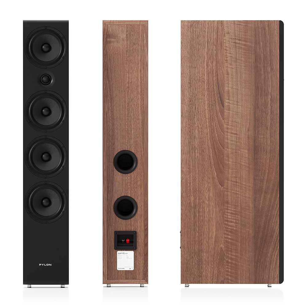 Pylon Audio Opal 40 mkII — Front Driver Array, Side Profile & Rear Panel Showing Dual Bass-Reflex Ports and Binding Posts