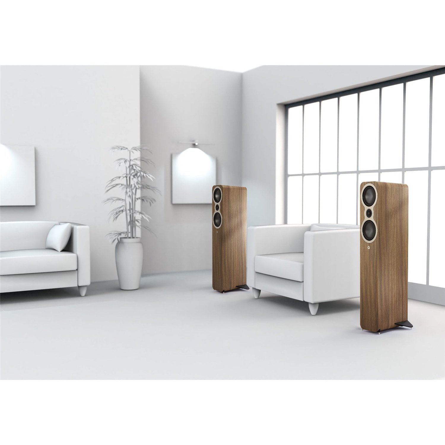 Pair of Q Acoustics 3040c compact floorstanding speakers in Pin Oak finish flanking a wooden media console in a living room