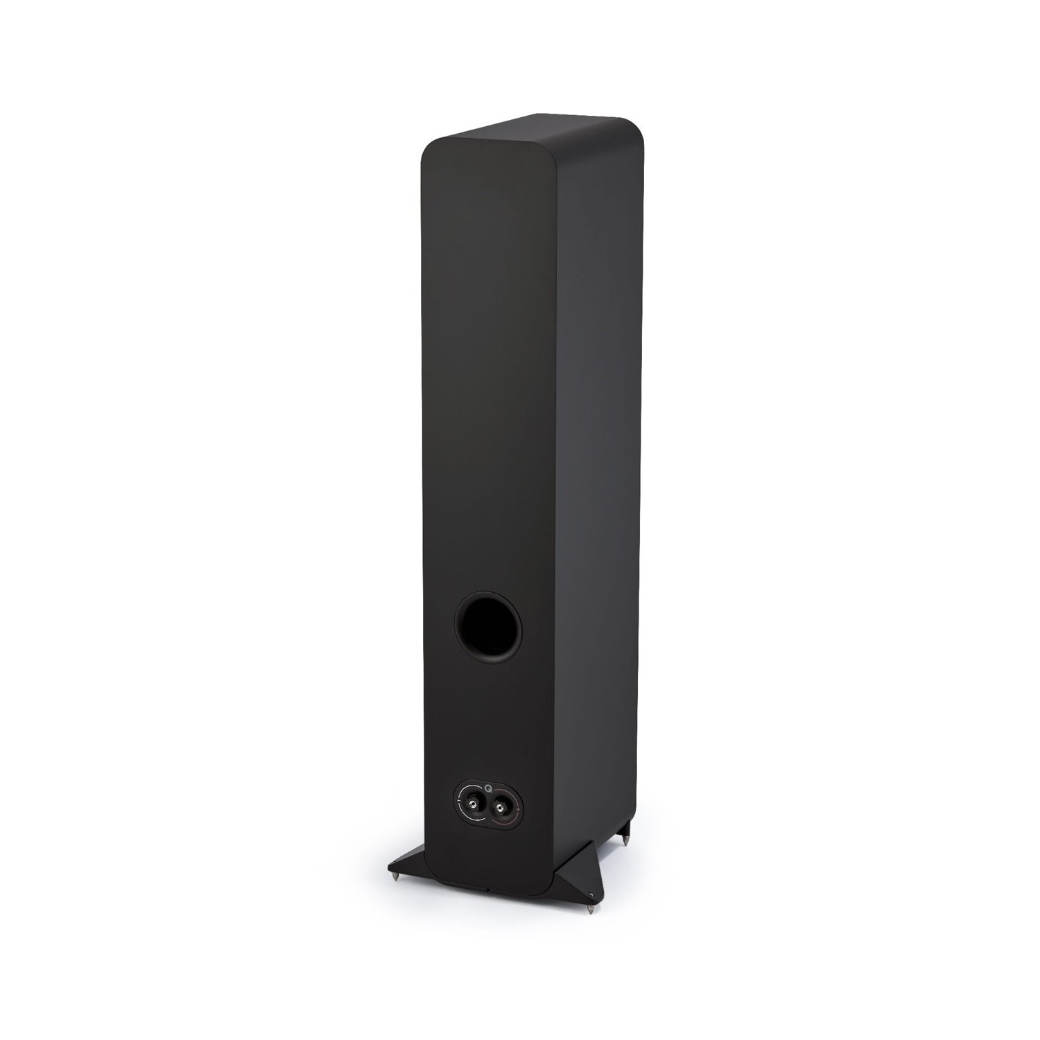 Rear view of a Claro Walnut Q Acoustics 3040c floorstanding speaker showing the reflex port, recessed 5000-series binding posts, and solid aluminum rear outrigger feet