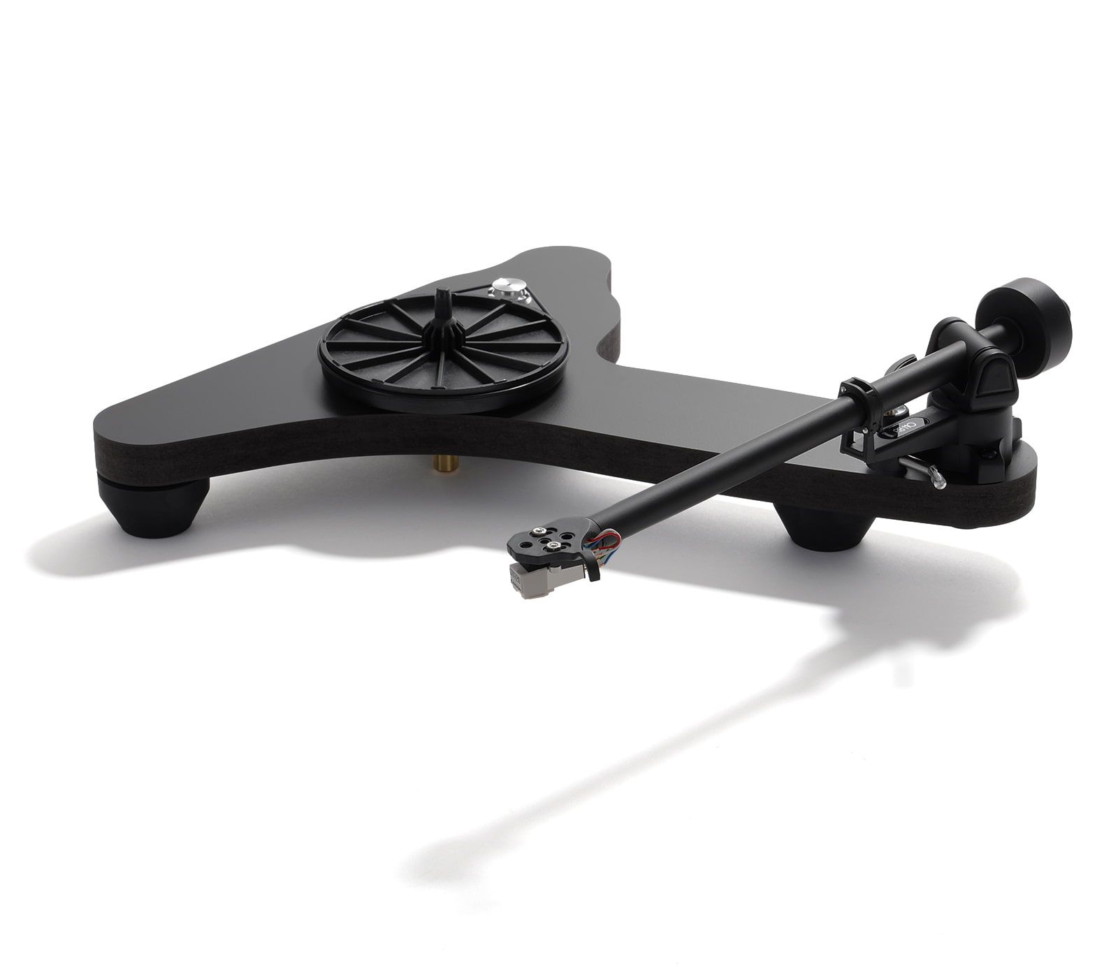 Rega Replay turntable with platter removed showing the bare black skeletal plinth, central brass bearing, EBLT drive belt, and RB110 tonearm