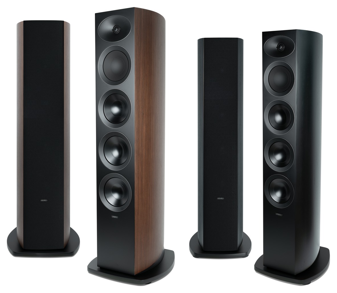 Side-by-side comparison of the Revel Performa4 F346 3-way floorstanding speakers in Natural Walnut and the Performa4 F345 3-way floorstanding speakers in Black Walnut with and without magnetic grilles